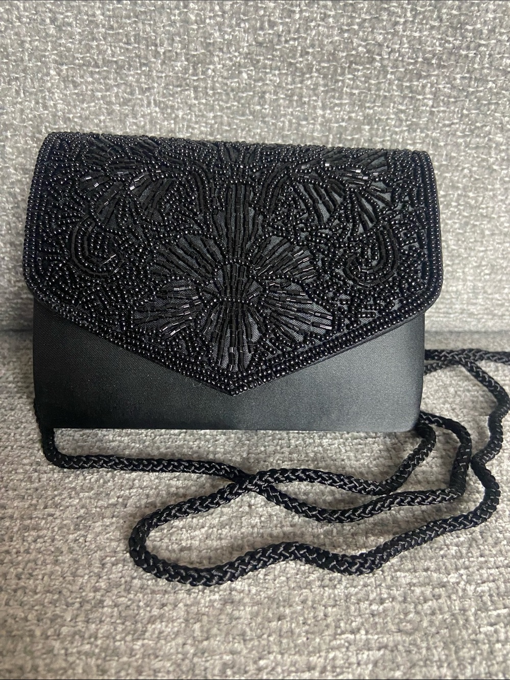 La Regale Black Beaded Floral Envelope Crossbody